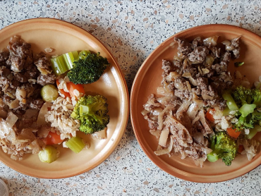 mleté hovězí na cibulce, ječné vločky, zelenina, dušené zelí s mletým lněným semínkem